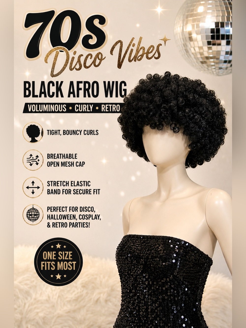Black Afro Wig Curly 70s Disco Costume | Voluminous Synthetic Hair | One Size